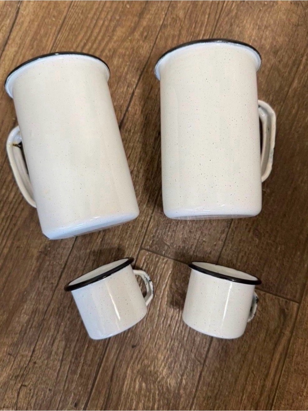 White Speckled Enamel Mug Set w/ Black Rim - 2 Large coffee and 2 espresso cups. - Picture 2 of 10